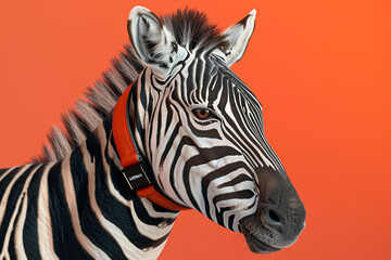 Fototapeta na wymiar A close-up view of an anthropomorphic zebra, wearing an Armani leather wristband, against a striking orange background.