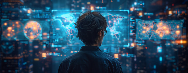 Corporate professionals in action, overlaid with a futuristic digital network interface