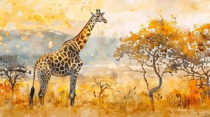 In the heart of the African savanna, a regal giraffe stands tall against a backdrop of golden grass and acacia trees.