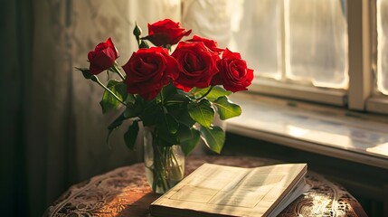 Red roses in a vase on a table, books nearby