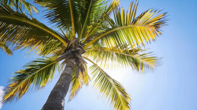 bottom view palm tree isolated on blue sky background, presentation with copy space