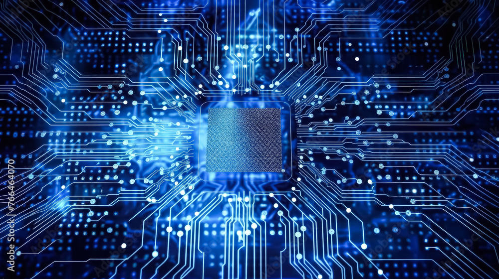 Poster a computer chip is shown in a blue background with many wires and circuits
