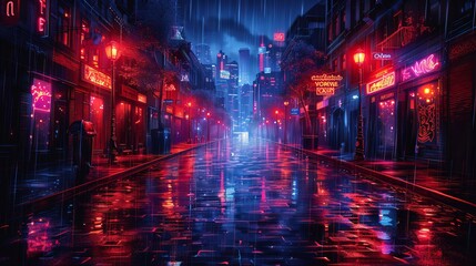 Vector illustration background depicting an alley at night with a cyberpunk theme, evoking the atmosphere of a futuristic urban environment. - obrazy, fototapety, plakaty