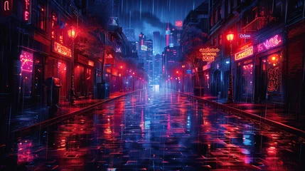 Tuinposter Vector illustration background depicting an alley at night with a cyberpunk theme, evoking the atmosphere of a futuristic urban environment. © Khalida