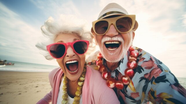 A couple of older people are posing for a picture on the beach