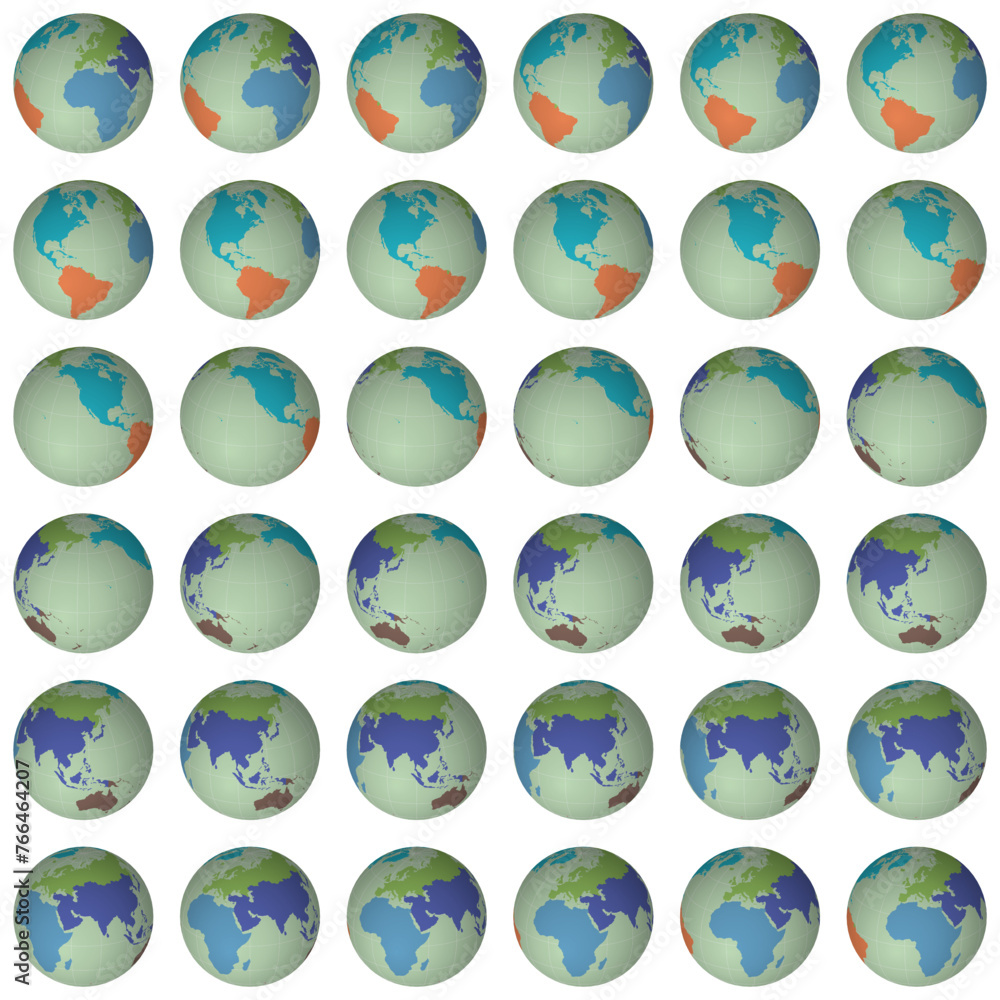 Poster collection of planet globes. slanted sphere view. rotation step 10 degrees. colored continents style
