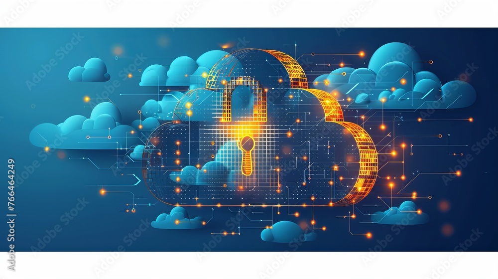 Poster visual depiction of cloud security concept, showcasing a cloud icon secured with a biometric fingerp