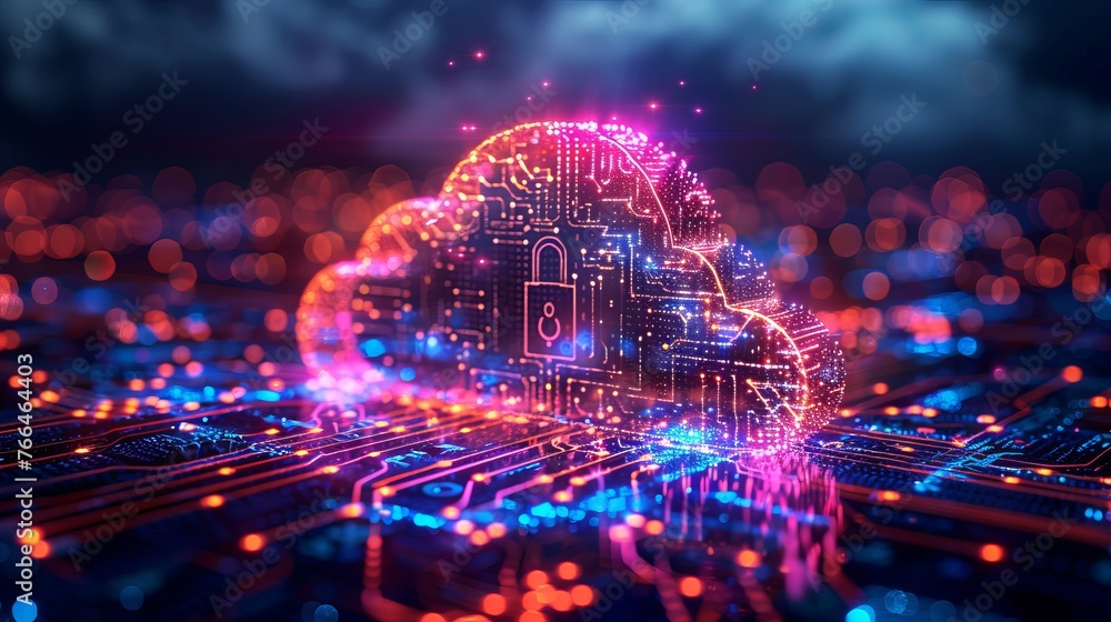 Poster visual depiction of cloud security concept, showcasing a cloud icon secured with a biometric fingerp