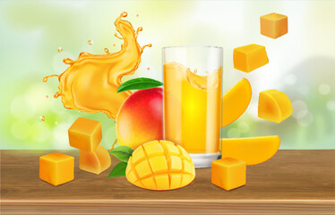 3D realistic advertising of mango juice, drink glass and yellow mango juice splash on a wooden table, Tropical fruit beverage - 766464410