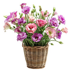 bouquet of eustoma flowers in wicker vase, isolated on white background