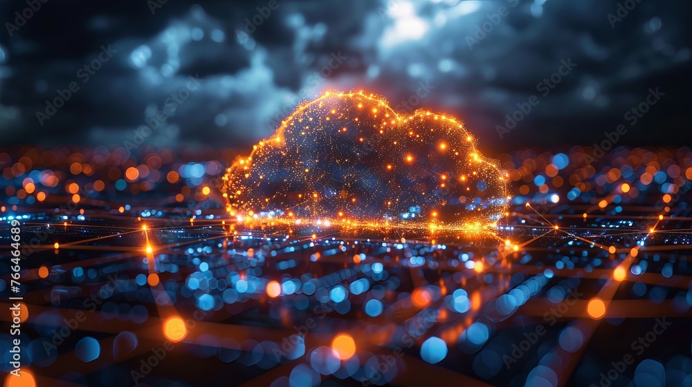 Poster visual representation of cloud technology, featuring an integrated digital web concept background, s
