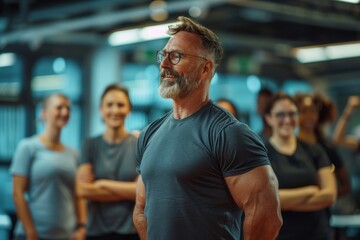 Professional Photography of a Personal Trainer Leading a Group of Office Workers Through a Lunchtime Fitness Class in a Corporate Gym, Generative AI