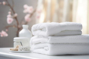 A stack of clean cotton towels on a table in the bathroom. White terry towels. - obrazy, fototapety, plakaty