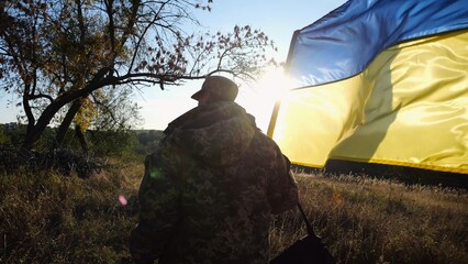 Young male military in uniform walks with waving flag of Ukraine at countryside. Soldier of ukrainian army going with blue-yellow banner outdoor. Concept of victory against russian aggression. - 766464678