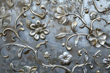 Tarnished silver metal background texture with floral relief pattern. Background image. Created with Generative AI technology.