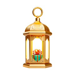 3d lantern with a Eid Mubarak gift box Islamic isolated transparent background object