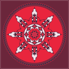 Round frame on red background, workpiece for your design. Decorative ornamental elements and motifs for round plate, decor, textile and print design.