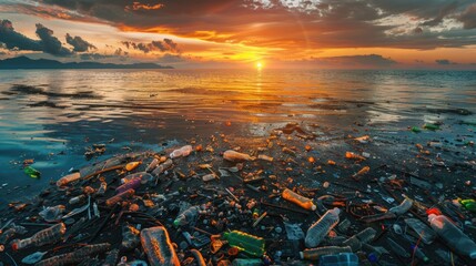 Polluted ocean. Garbage and waste. Animals suffer from pollution. Ecological disaster concept. AI-generated. - obrazy, fototapety, plakaty