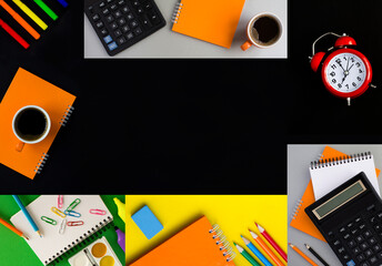 Collage of school stationery on the black background. Copy space.