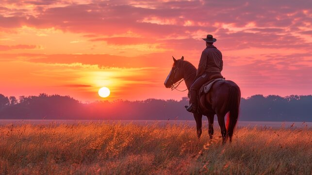 Man Riding Horse in Field at Sunset