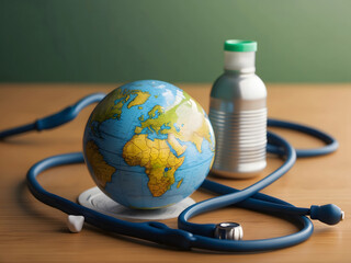 Stethoscope wrapped around the globe. Save the World, Global Healthcare and Green Earth Day concept