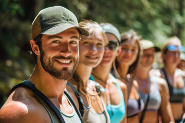 Obraz premium Professional Photography of a Personal Trainer Leading a Group of Clients on a Team-Building Fitness Retreat in a Natural Setting, Generative AI