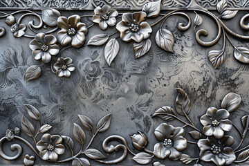 Tarnished silver metal background texture with floral relief pattern. Background image. Created with Generative AI technology.