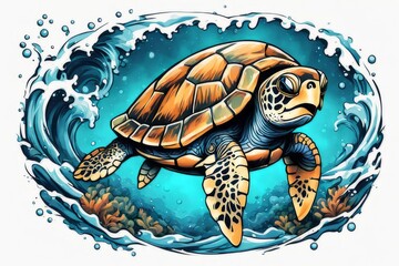 Majestic sea turtle gracefully gliding through crystal clear waters of ocean. For educational materials for kids, game design, animated movies, tourism, stationery, Tshirt design, clothing design.