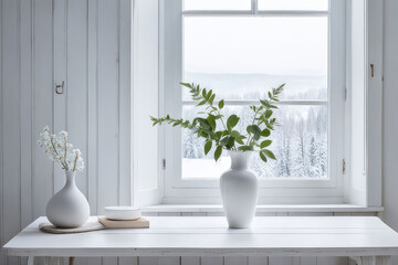 Fototapeta na wymiar A delicate vase adorns a tall white window, resting on a white wooden table. A framed picture of a snowy landscape serves as the background