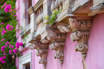 A close-up on the decorative wooden brackets and cornices of an Italianate porch, highlighting the house's exterior against a gentle pink backdrop