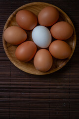 Fresh chicken eggs in wooden plate on the table, selective focus