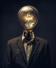 A man in a suit with a lightbulb for a head. An innovative idea or a bright solution. Brainstorming