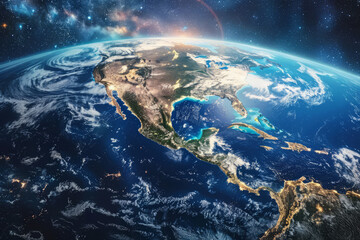 Planet Earth with American continent and atmosphere, view from outer space
