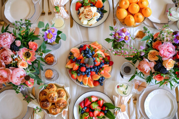 A beautifully set table brunch spread, complete with colorful floral arrangements, fresh fruits,...
