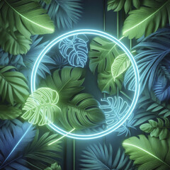 Composition of blue and green neon leaves and plants.