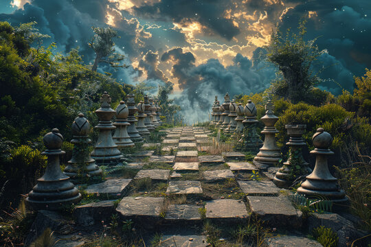 Surreal landscape with chess pieces under dramatic sky. Tactics and strategy in Middle Ages