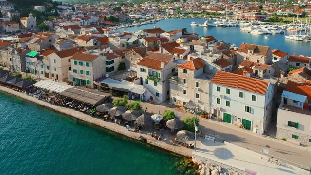 Aerial view of the old town of Tribunj on small island in Adriatic sea, Croatia