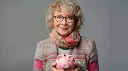 Excited grandma show her piggy bank savings, retirement savings plan concept.