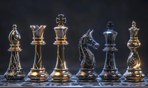 golden strategy illuminated chess pieces
