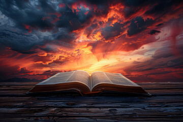 Open old book with a dramatic sunset in backdrop. Reading concept