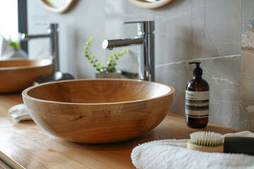 Fototapeta na wymiar An organic modern bathroom sink with a plant and a soap dispenser. his and hers sinks are wooden and has a bowl shape