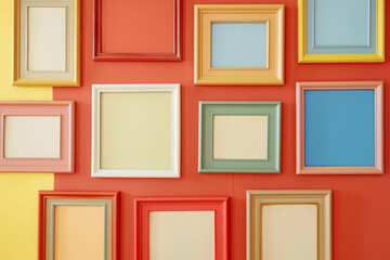 Fototapeta premium Pink wall with various empty colored frames. Design of apartment living room with blanks mock-up frames