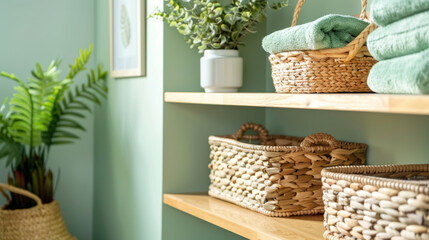 A small organic modern laundry room interior design, with custom-built shelving and woven storage bins against a soft sage-green walls.