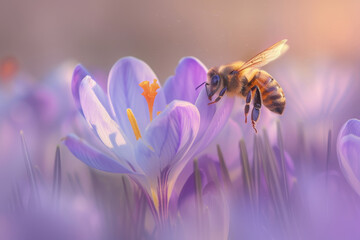 A honeybee and crocus flower in spring, beauty of nature and springtime concept, close up shot.