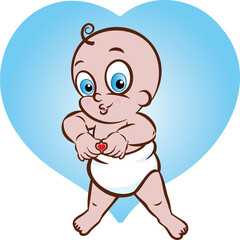 Vector illustration of a baby boy in diaper making a heart sign or shape