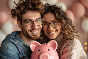Close up of joyful couple, savings in piggy bank for their wedding