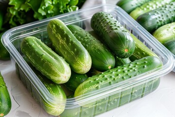 Transparent plastic container with fresh green cucumbers. Isometric view of vegetable box for shop or market showcase.
 - Powered by Adobe