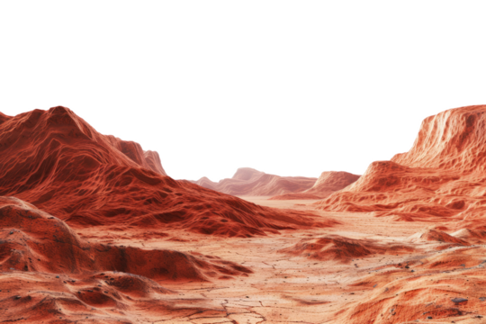 Martian landscape isolated on transparent background. Barren desert surface of red planet