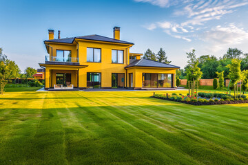 A newly built large suburban house featuring a modern mustard yellow exterior, framed by an expansive lawn and contemporary landscaping, under the vibrant light of a midsummer day,  - obrazy, fototapety, plakaty