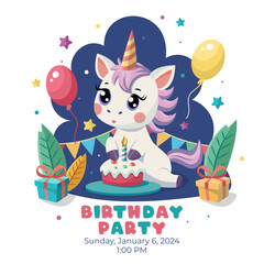 Birthday party invitation with baby unicorn
